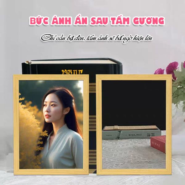 Tranh gương đèn led khung gỗ sạc